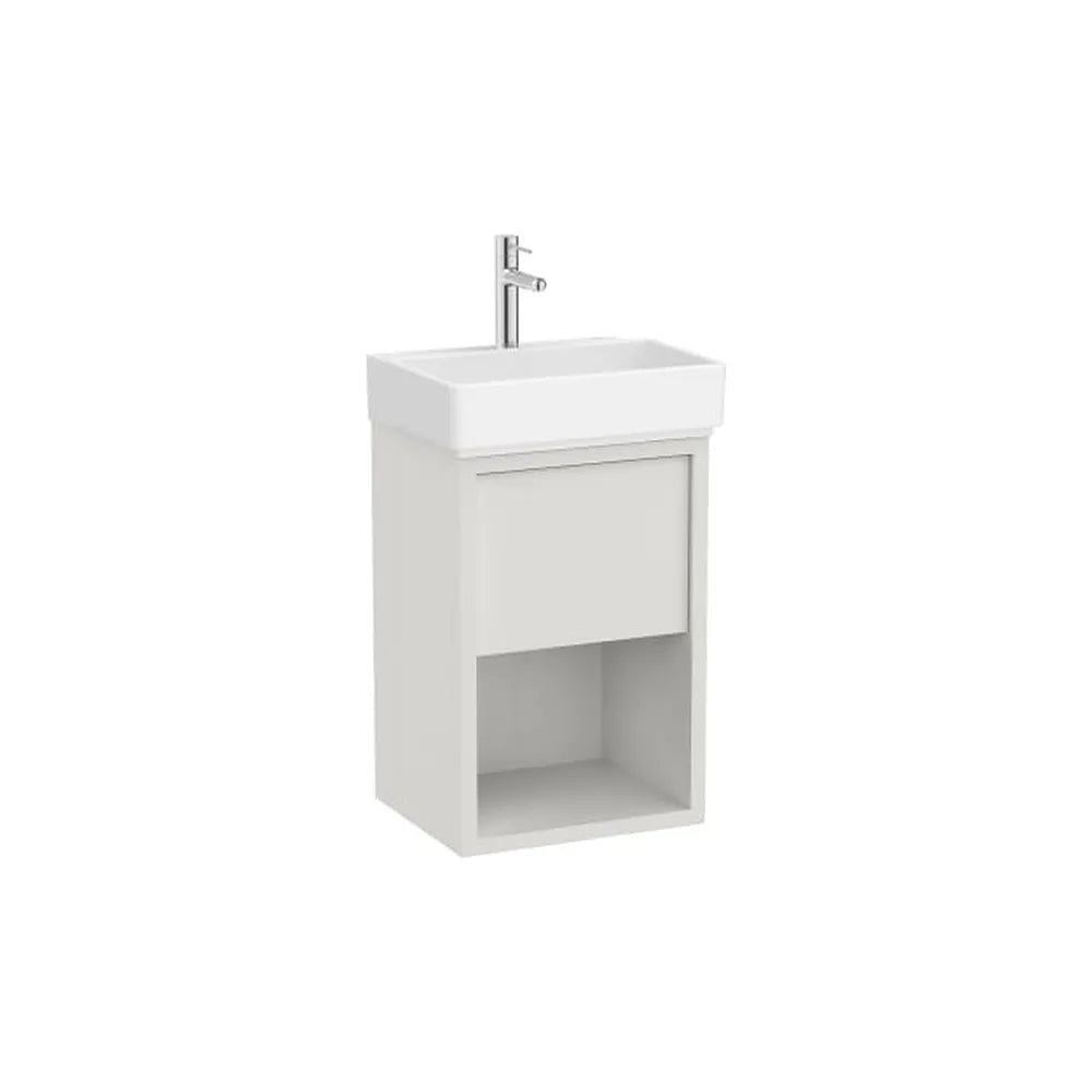 Mueble compacto suspendido con cajón estante abierto y lavabo porcelana 45x36x60 cm Roca - Vista 1