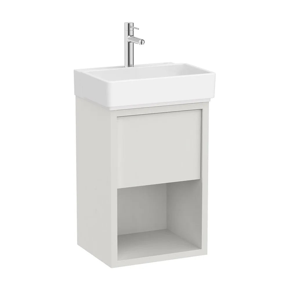 Mueble compacto suspendido con cajón estante abierto y lavabo porcelana 45x36x60 cm Roca - Vista 2