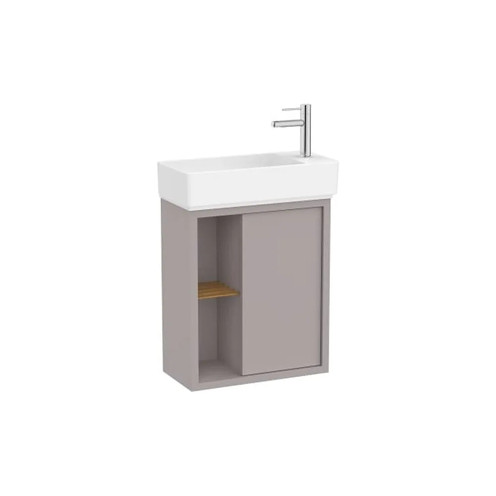 Mueble base asimétrico compacto con puerta estante lateral abierto y lavabo suspendido 55x27x60 cm Roca - Vista 1