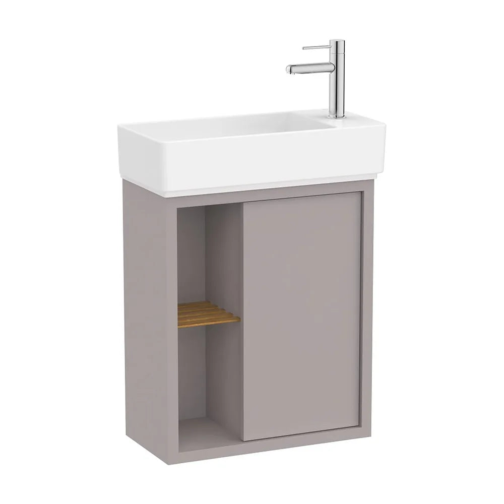 Mueble base asimétrico compacto con puerta estante lateral abierto y lavabo suspendido 55x27x60 cm Roca - Vista 2