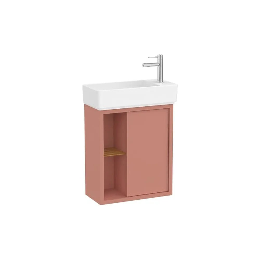 Mueble base asimétrico compacto con una puerta estante lateral abierto y lavabo 55x27x60 cm Roca - Vista 1