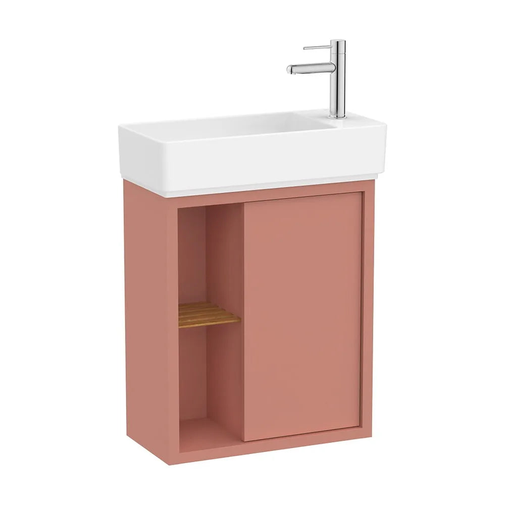 Mueble base asimétrico compacto con una puerta estante lateral abierto y lavabo 55x27x60 cm Roca - Vista 2