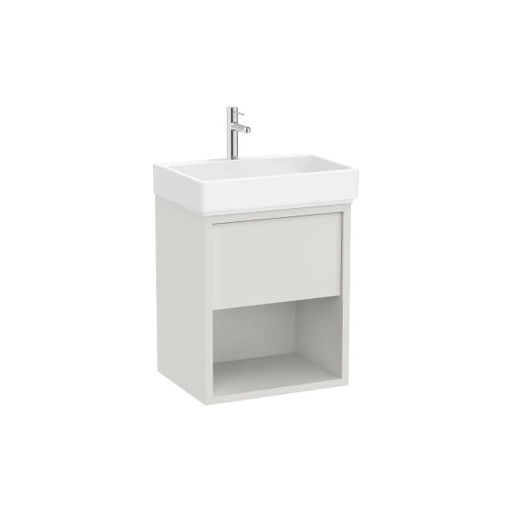 Mueble base suspendido con cajón estante abierto y lavabo porcelana 55x43x60 cm Roca - Vista 1