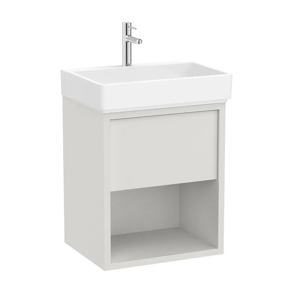 Mueble base suspendido con cajón estante abierto y lavabo porcelana 55x43x60 cm Roca - Vista 2
