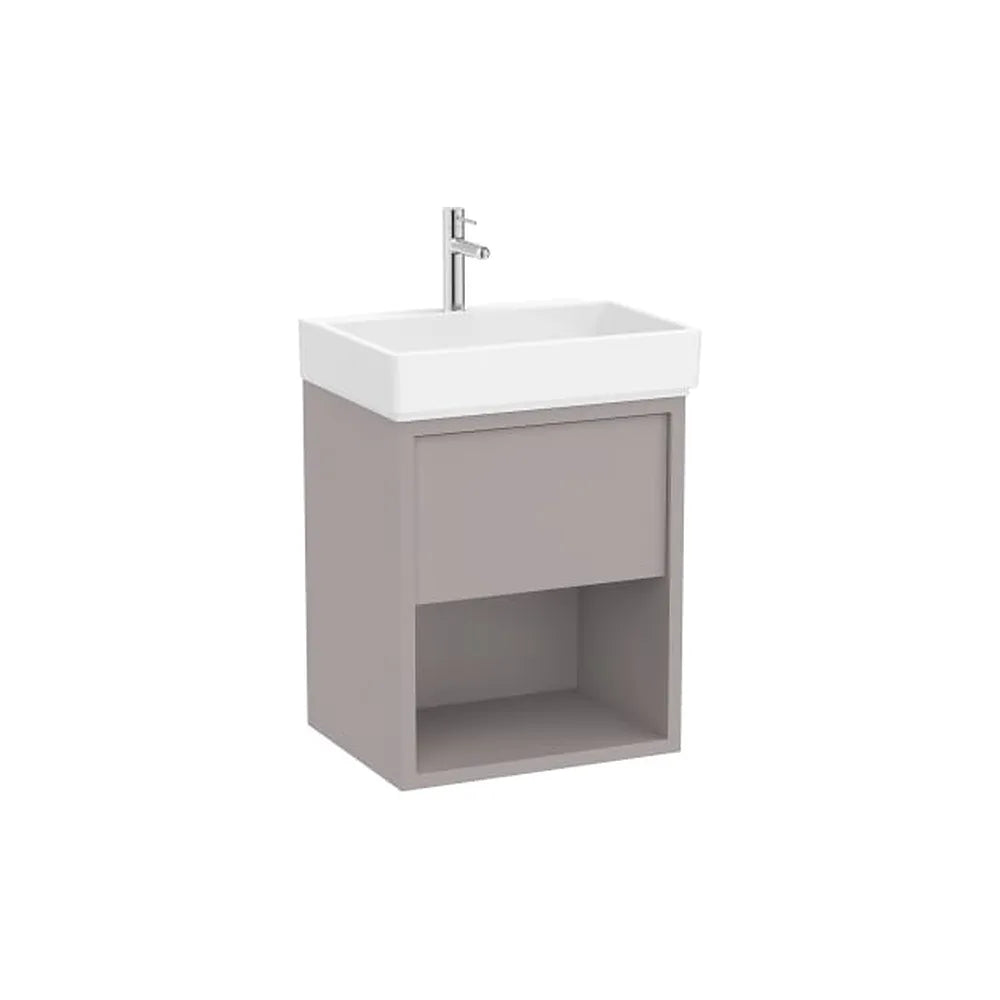 Mueble base suspendido con cajón estante abierto y lavabo porcelana gris claro 55x43x60 cm Roca - Vista 1
