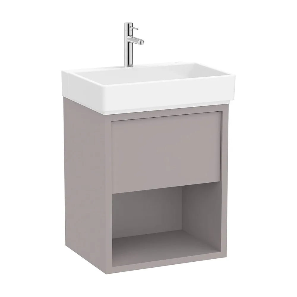 Mueble base suspendido con cajón estante abierto y lavabo porcelana gris claro 55x43x60 cm Roca - Vista 2