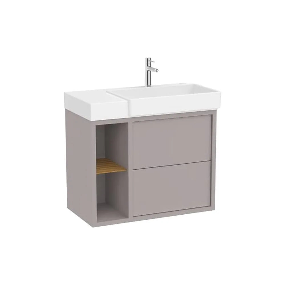 Mueble base asimétrico dos cajones estante lateral abierto lavabo derecha 80x43x60 cm Roca - Vista 1