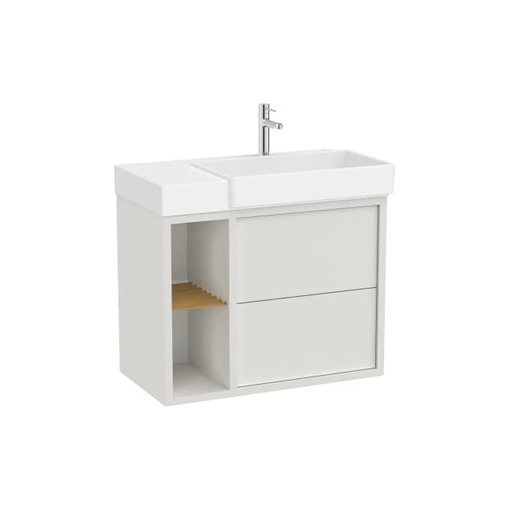 Mueble base asimétrico 80x43x60 cm dos cajones estante lateral lavabo derecha Roca - Vista 1