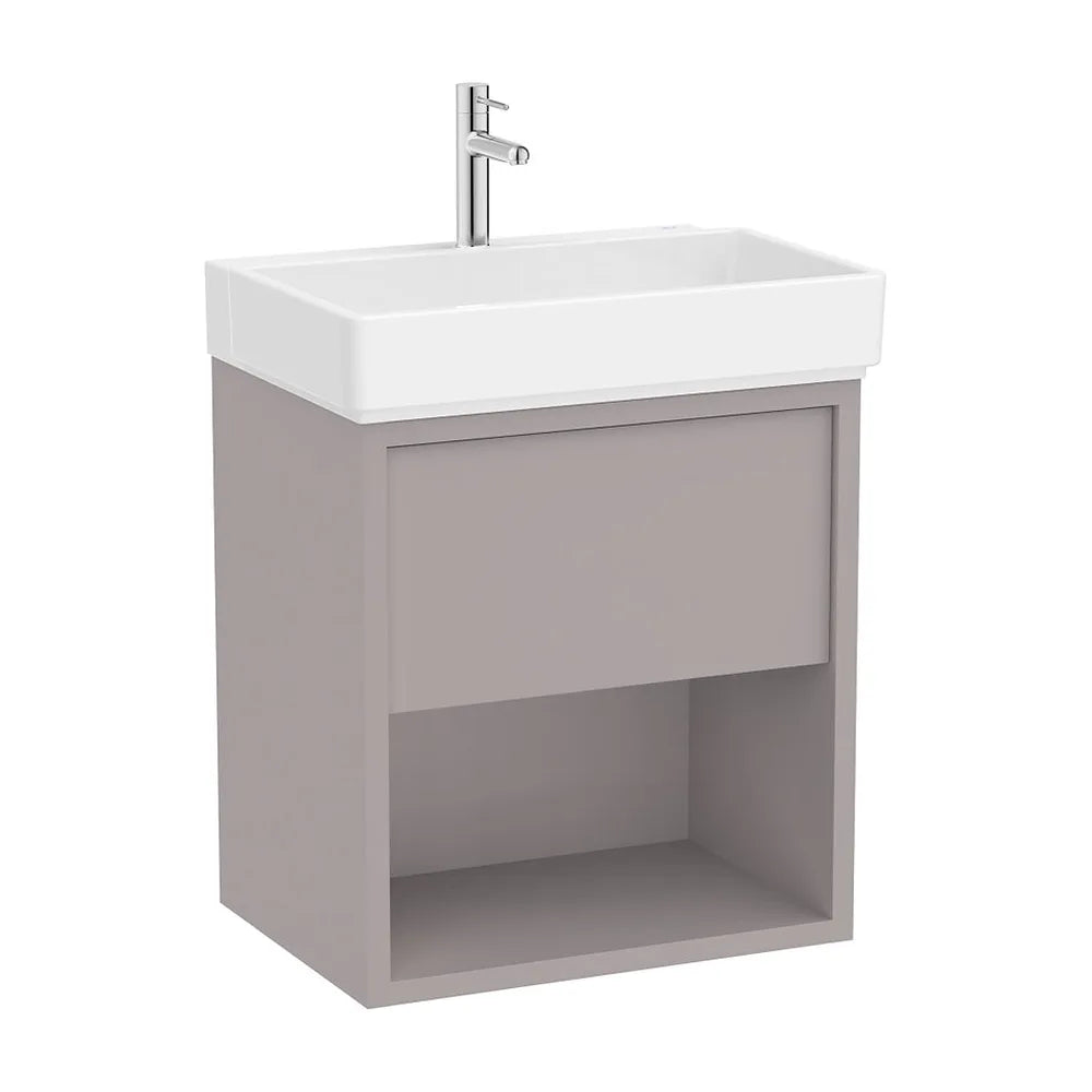 Mueble base suspendido con lavabo 60x43x60 cm un cajón y estante abierto gris claro Roca - Vista 2