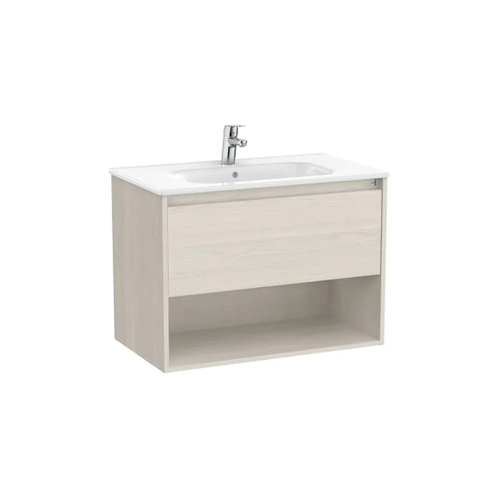 Mueble base suspendido con un cajón estante abierto y lavabo 80x46x58 cm Roca - Vista 1
