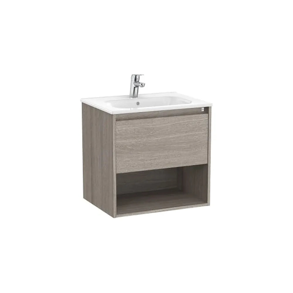 Mueble base suspendido con un cajón estante abierto y lavabo porcelana 60x46x58 cm Roca - Vista 1