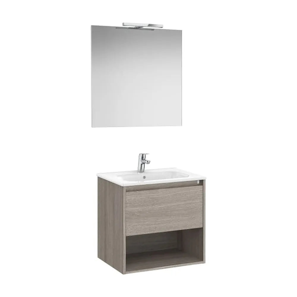 Pack mueble base con cajón estante lavabo espejo y aplique LED Roble City Roca - Vista 1