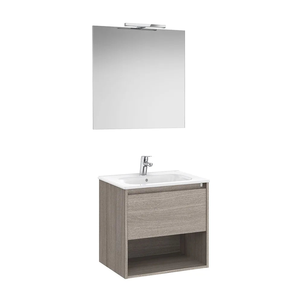 Pack mueble base con cajón estante lavabo espejo y aplique LED Roble City Roca - Vista 2