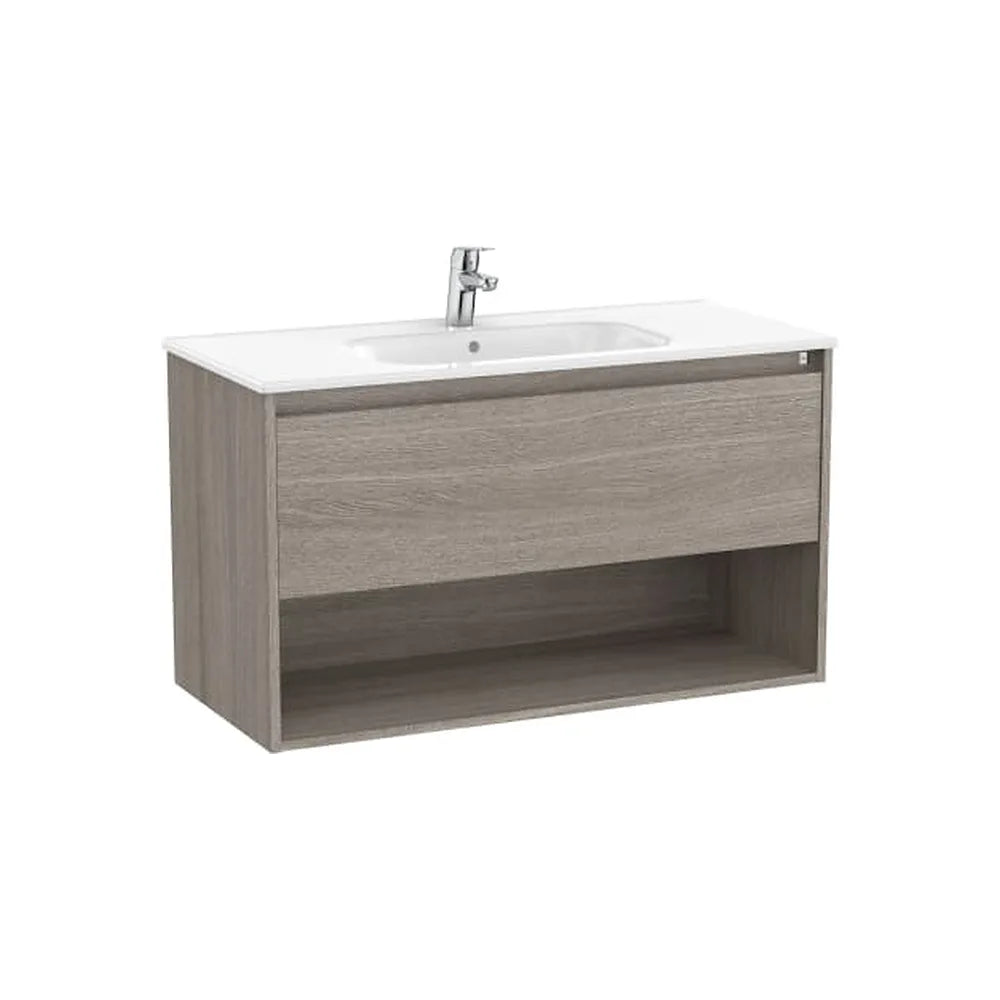Mueble base suspendido con cajón estante abierto y lavabo 100x46x58 cm Roca - Vista 1