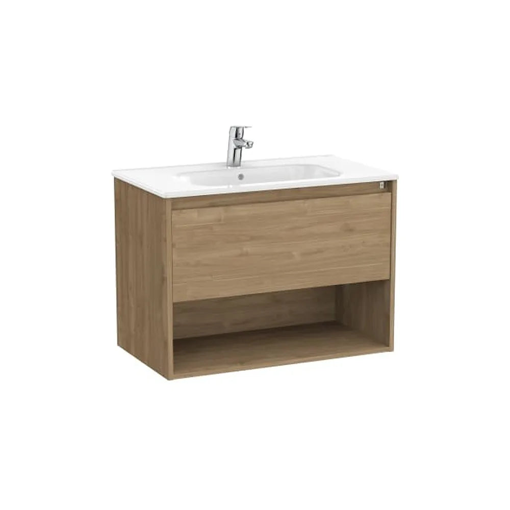 Mueble base suspendido con cajón estante abierto y lavabo 80x46x58 cm Nogal Roca - Vista 1