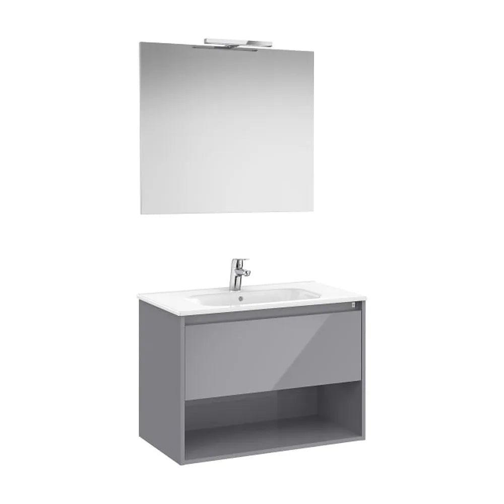 Pack mueble base con cajón estante lavabo espejo y aplique LED gris brillo Roca - Vista 1