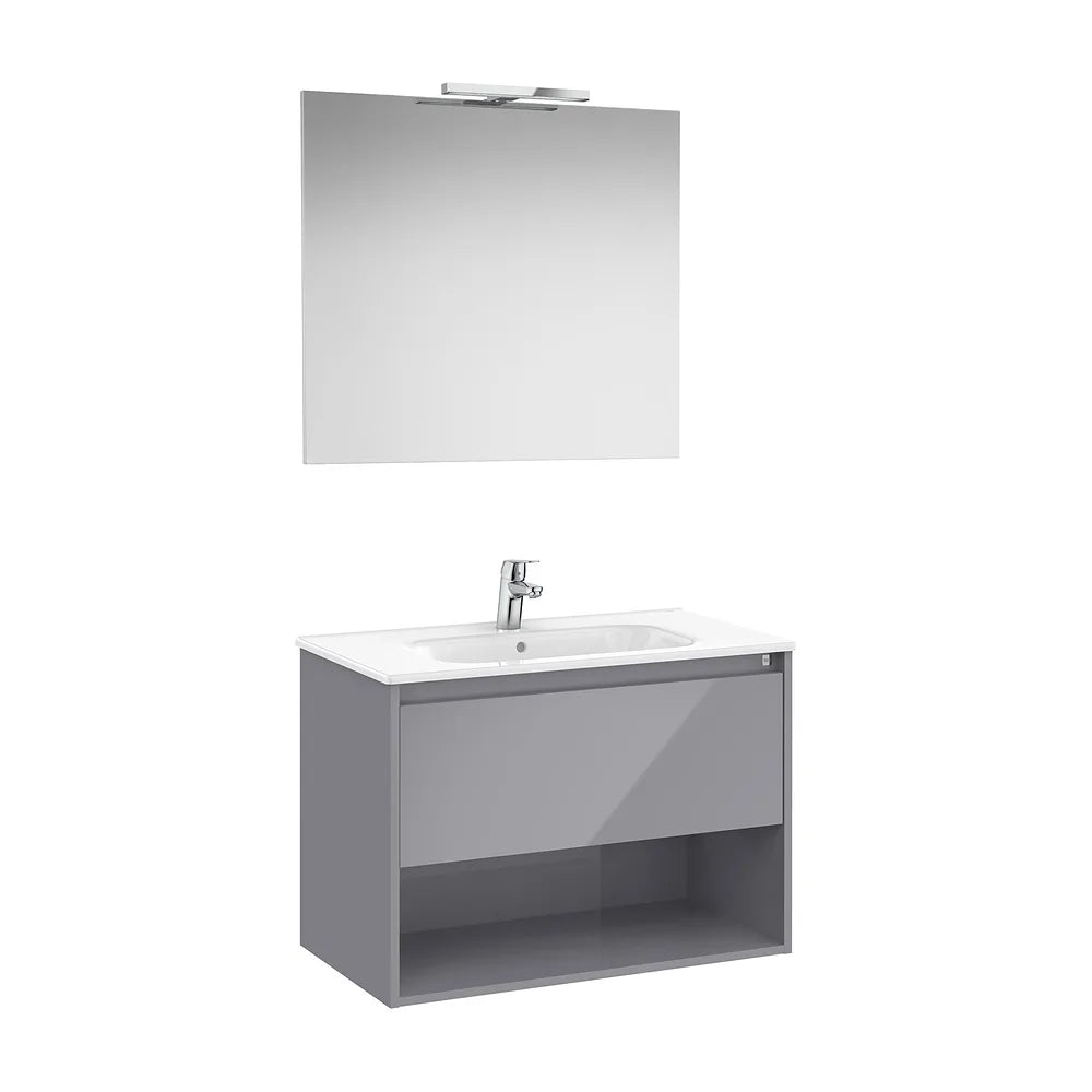 Pack mueble base con cajón estante lavabo espejo y aplique LED gris brillo Roca - Vista 2