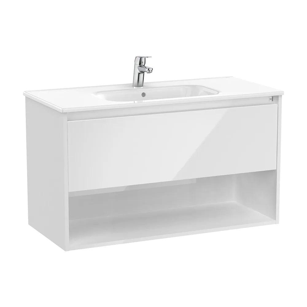 Mueble base suspendido con un cajón estante abierto y lavabo 1005x460x580 mm Roca - Vista 2