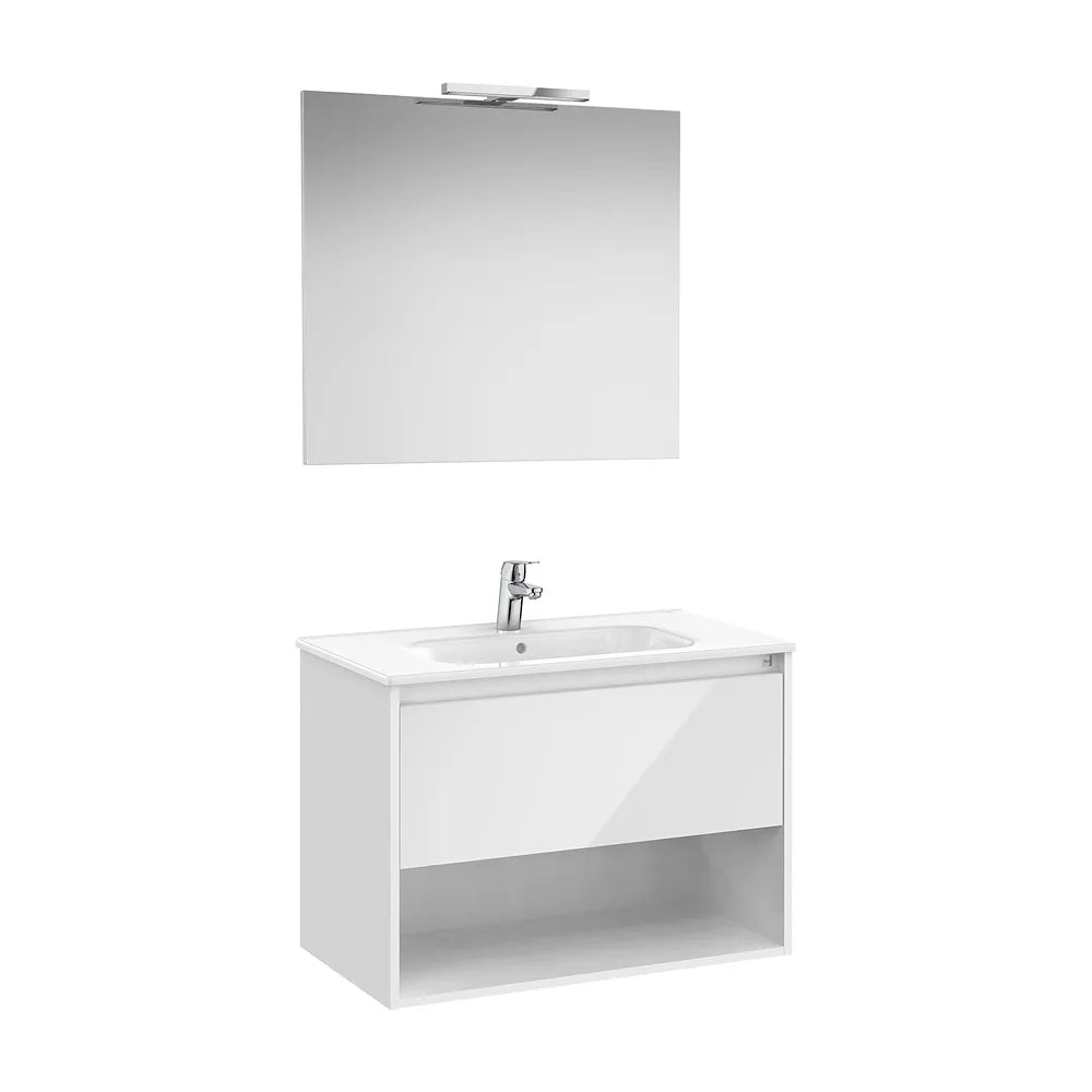 Pack mueble base con cajón estante lavabo espejo y aplique LED 80x46x58 cm Roca - Vista 2