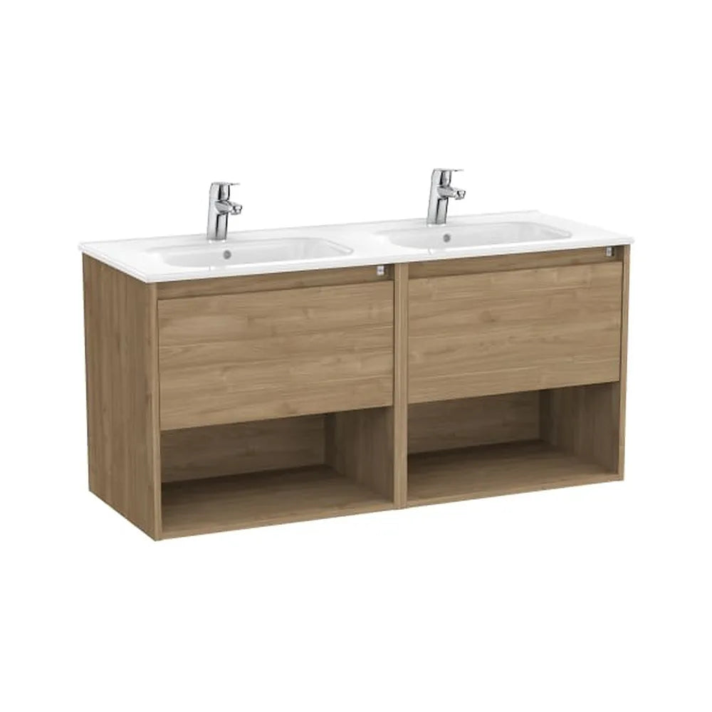 Mueble suspendido con lavabo doble dos cajones y dos estantes abiertos nogal Roca - Vista 1