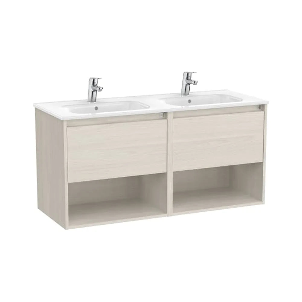 Mueble suspendido con lavabo doble dos cajones y dos estantes 119x46x58 cm Roca - Vista 1