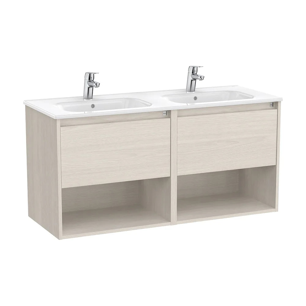 Mueble suspendido con lavabo doble dos cajones y dos estantes 119x46x58 cm Roca - Vista 2
