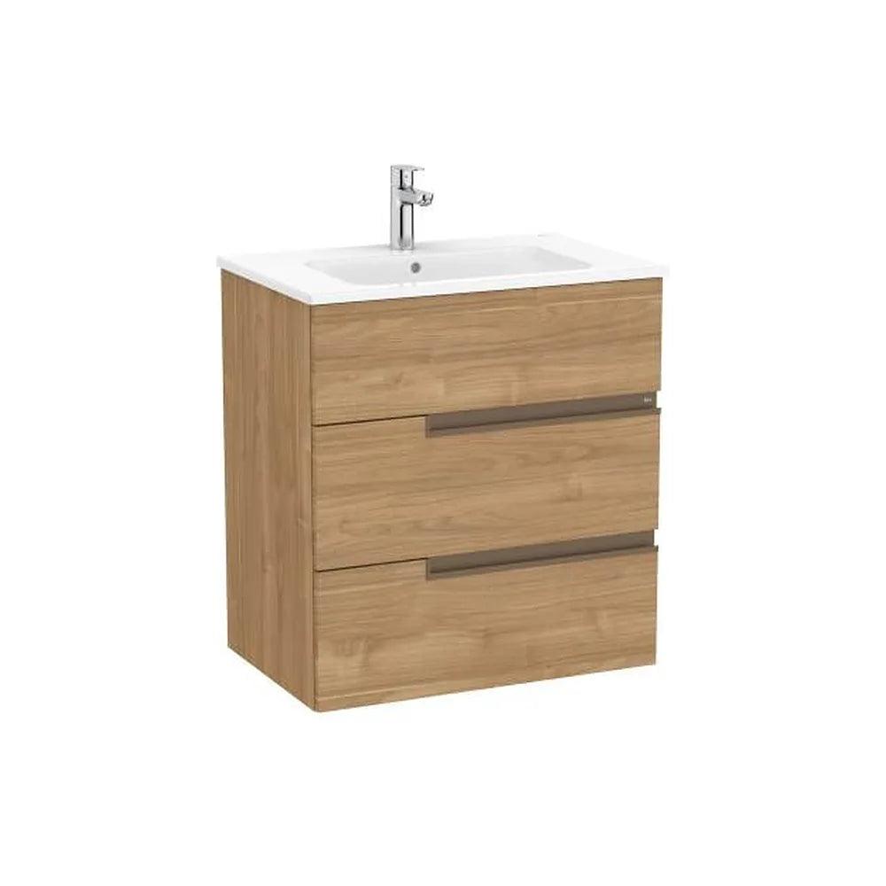 Mueble base suspendido con tres cajones y lavabo de porcelana 70x46x75 cm Roca - Vista 1