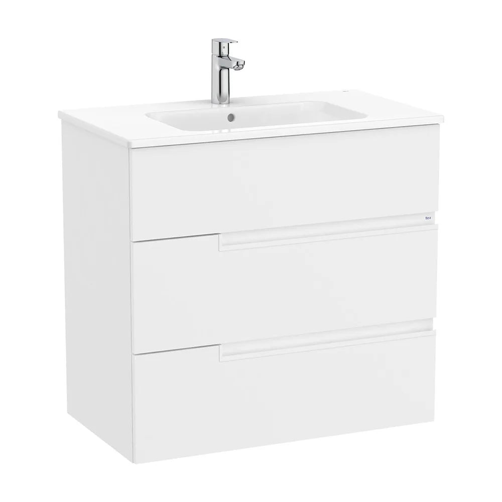 Mueble base suspendido con lavabo porcelana 80x46x75 cm tres cajones blanco mate Roca - Vista 2
