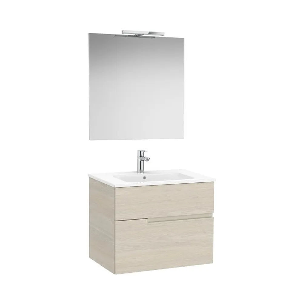 Pack mueble base dos cajones lavabo porcelana espejo aplique LED Starlight Fresno claro Roca - Vista 1