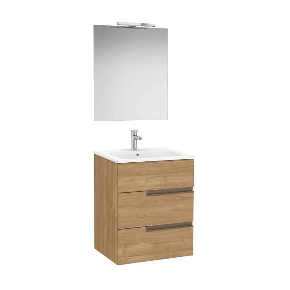 Pack mueble base tres cajones lavabo porcelana espejo aplique LED Starlight 60x46x76 cm Roca - Vista 1