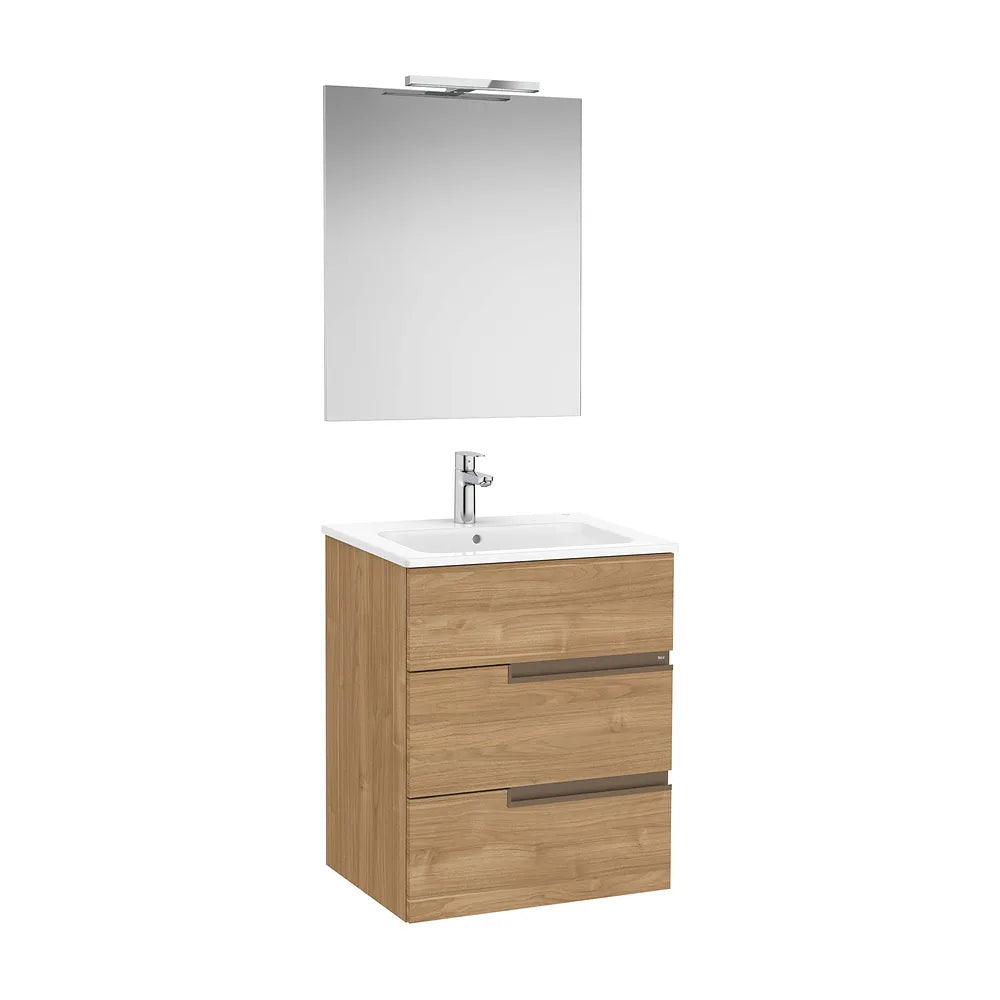 Pack mueble base tres cajones lavabo porcelana espejo aplique LED Starlight 60x46x76 cm Roca - Vista 2