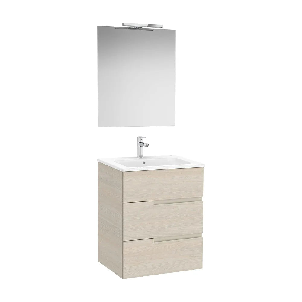 Pack mueble base tres cajones lavabo porcelana espejo LED Starlight 60x46x75 cm Roca - Vista 2
