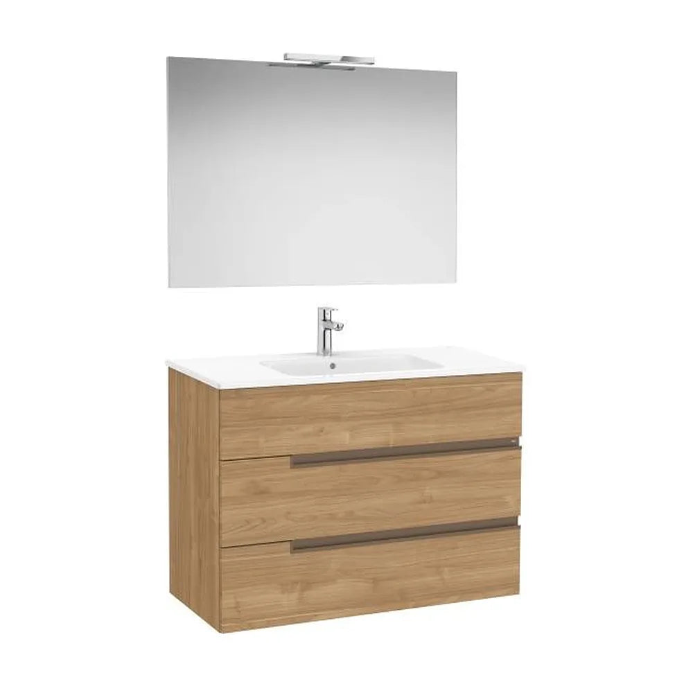 Pack mueble base tres cajones lavabo porcelana espejo aplique LED nogal Roca - Vista 1