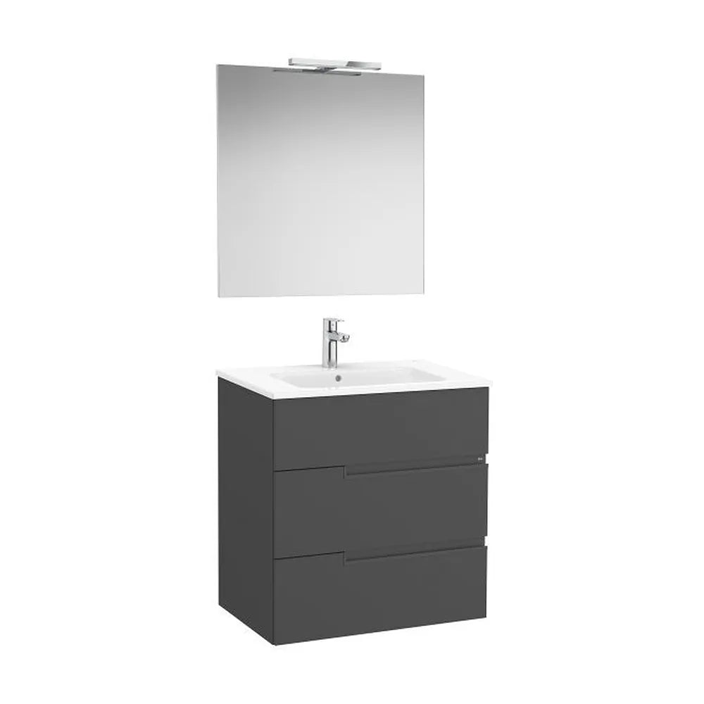 Pack mueble base tres cajones lavabo porcelana espejo aplique LED 70x46x75 cm Roca - Vista 1