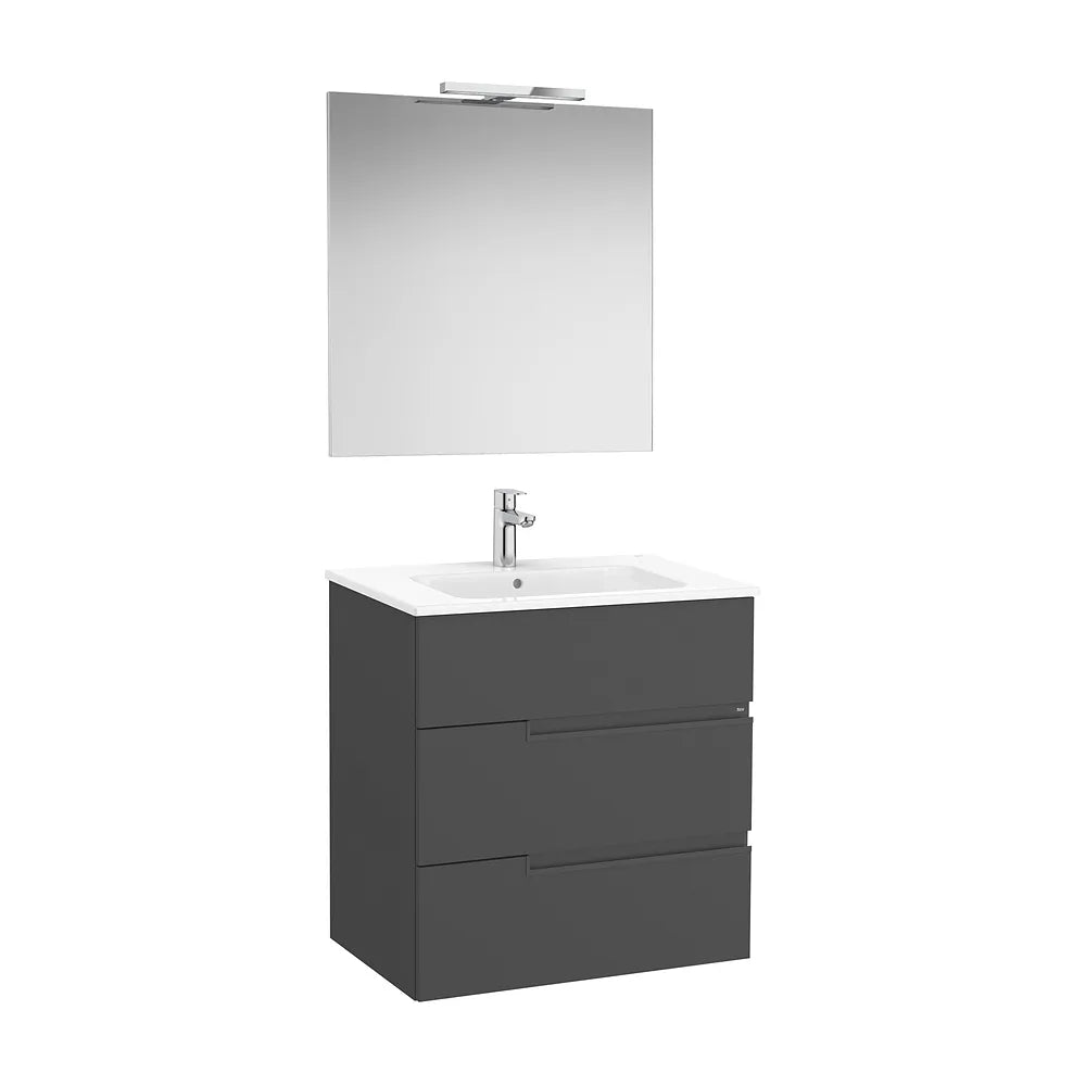 Pack mueble base tres cajones lavabo porcelana espejo aplique LED 70x46x75 cm Roca - Vista 2