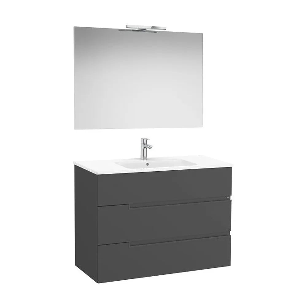 Pack mueble base tres cajones lavabo porcelana espejo aplique LED 100x46x75 cm Roca - Vista 1