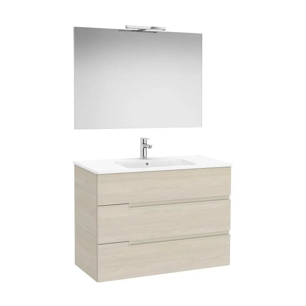 Pack mueble base tres cajones lavabo porcelana espejo aplique LED Starlight Fresno Roca - Vista 1