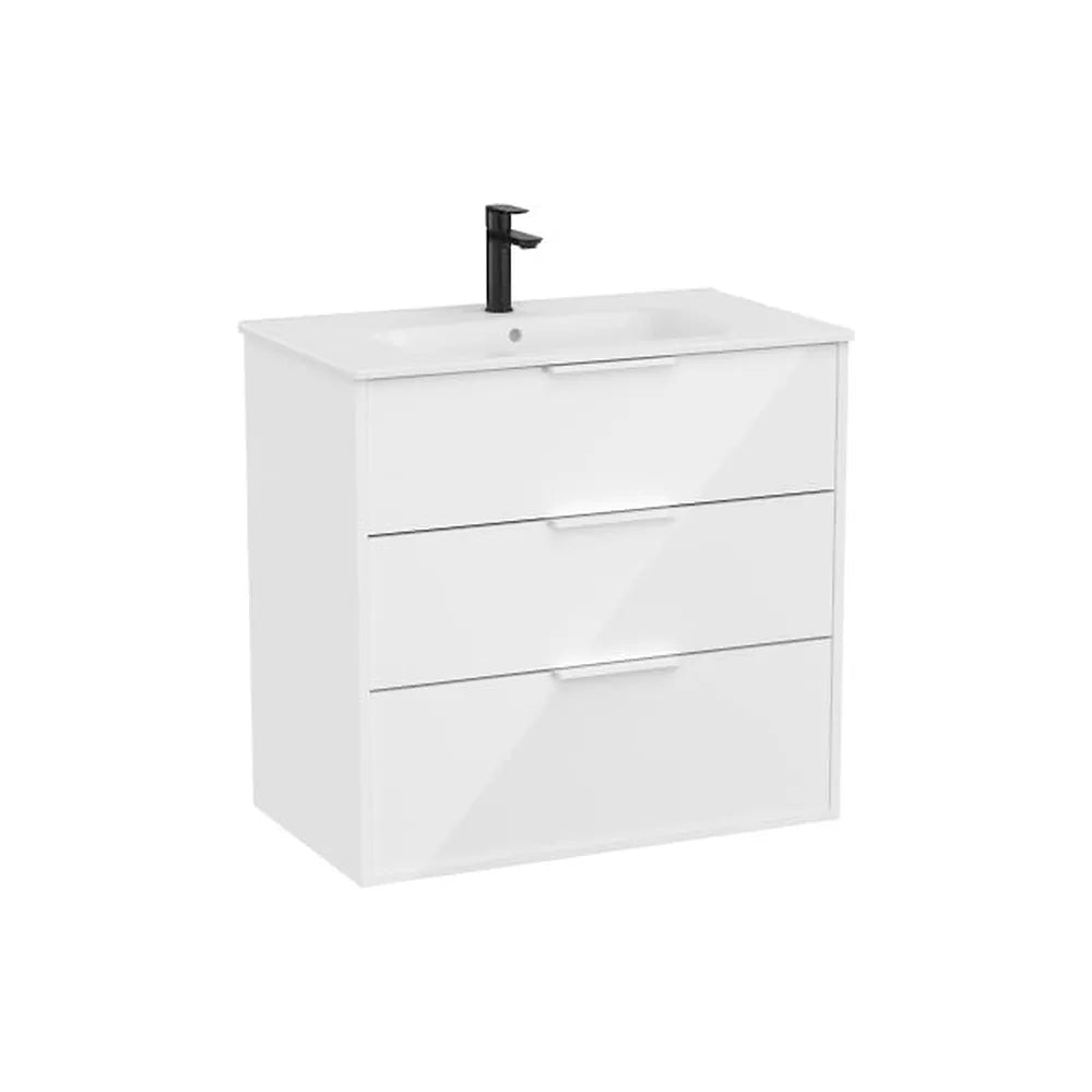 Mueble base suspendido con tres cajones y lavabo de porcelana blanco brillo 80x46x75 cm Roca - Vista 1