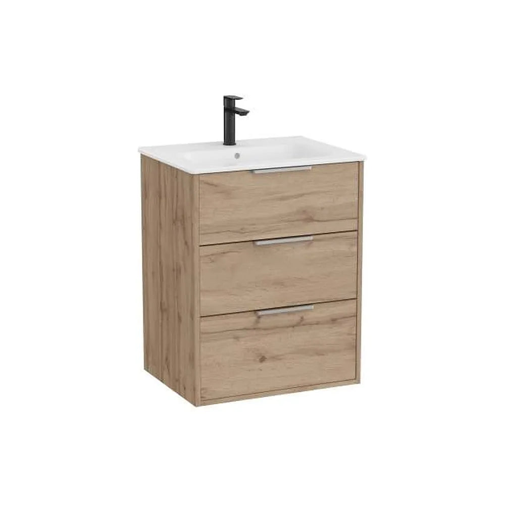Mueble base suspendido con tres cajones y lavabo porcelana 60x46x75 cm Nogal Roca - Vista 1