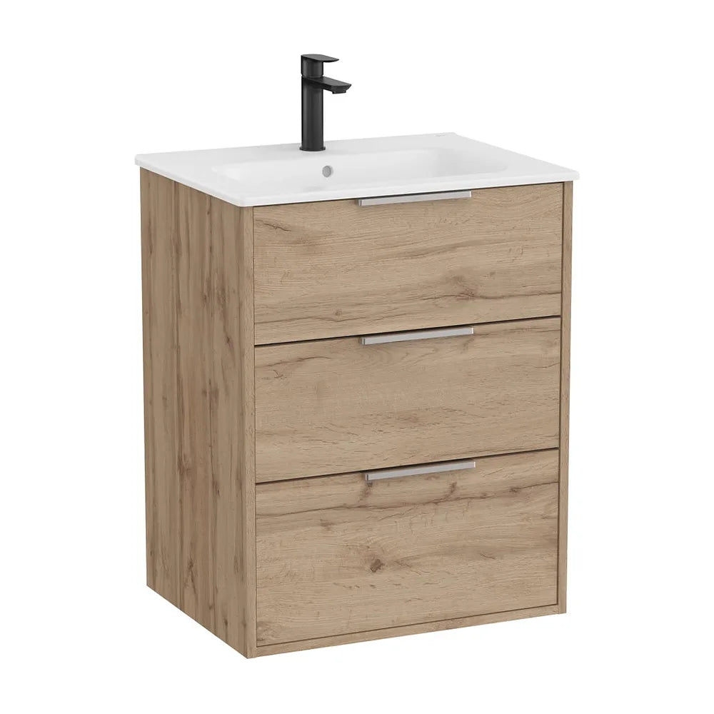Mueble base suspendido con tres cajones y lavabo porcelana 60x46x75 cm Nogal Roca - Vista 2