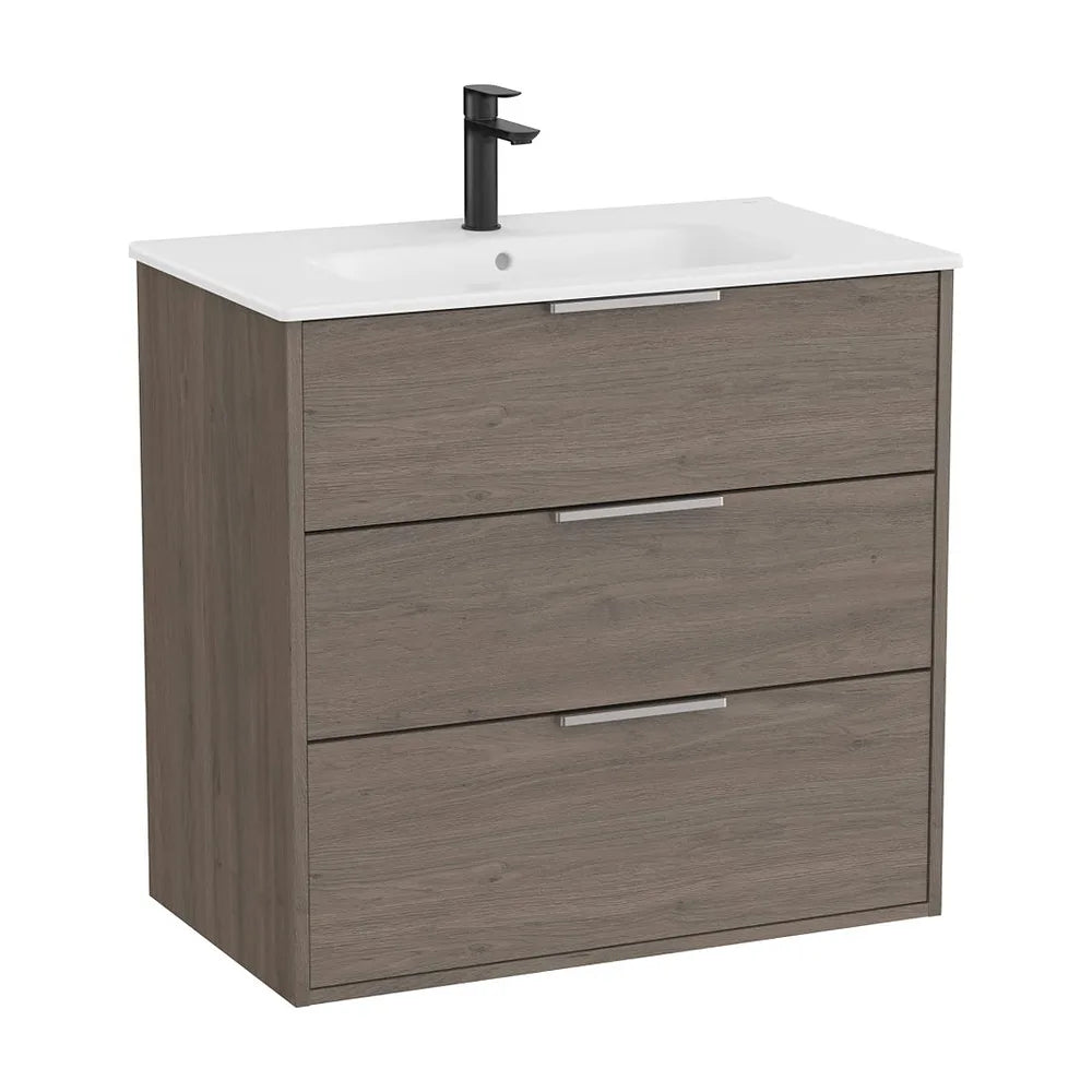 Mueble base suspendido tres cajones con lavabo porcelana 80x46x75 cm Roble oscuro Roca - Vista 2