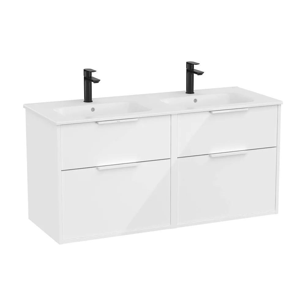 Mueble base suspendido con cuatro cajones y lavabo doble porcelana blanco brillo 120x46x58 cm Roca - Vista 2