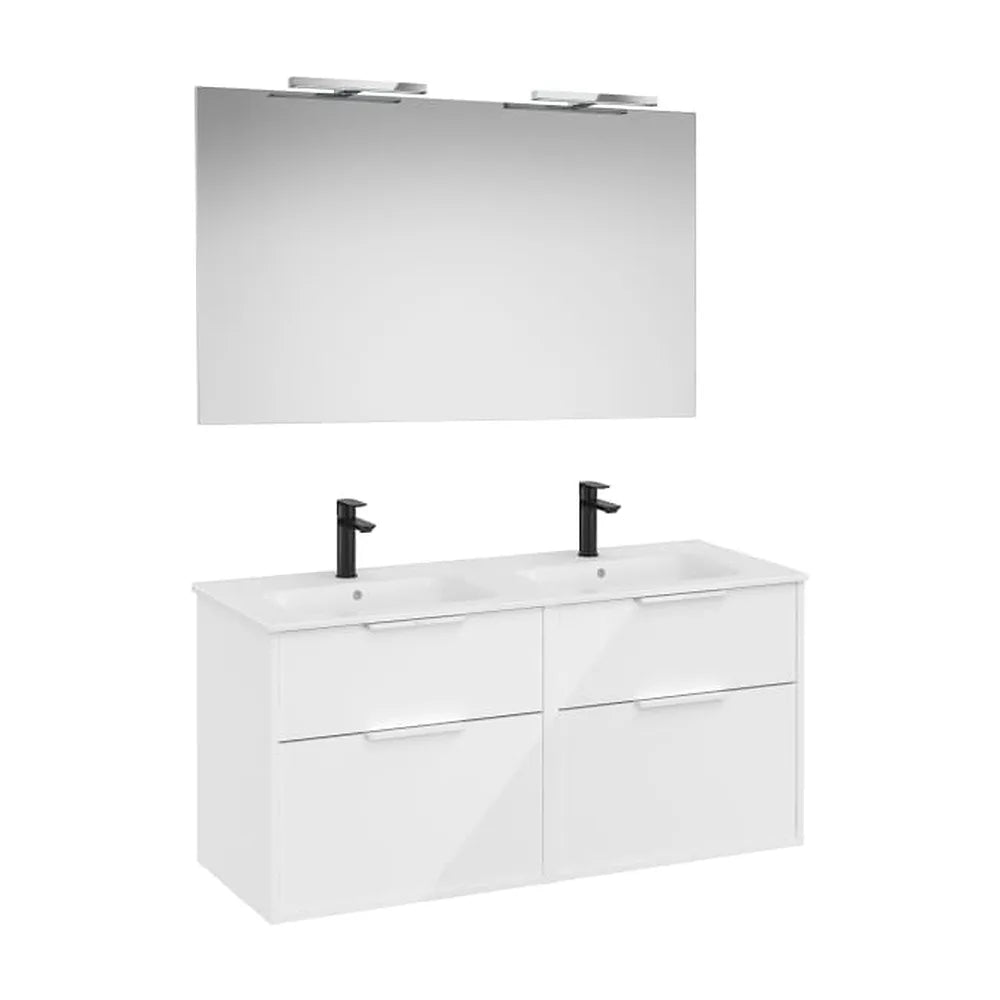 Pack mueble base cuatro cajones lavabo doble porcelana espejo led 120x46x58 cm Roca - Vista 1