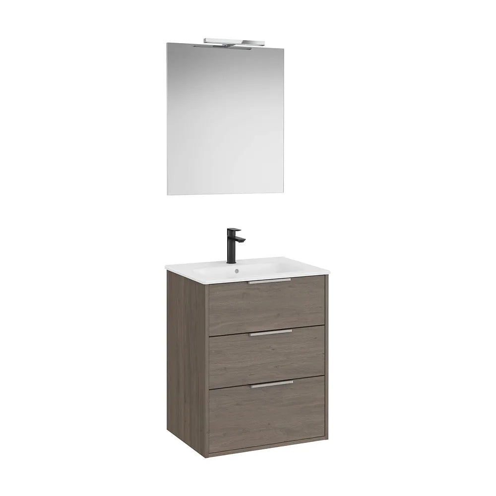 Pack mueble base compacto tres cajones lavabo porcelana espejo led aplique Starlight Roca - Vista 2