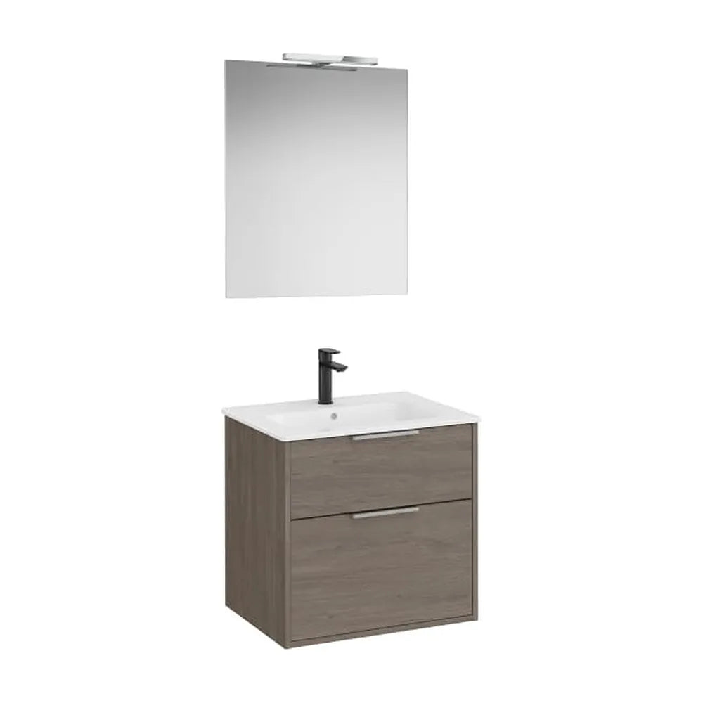 Mueble Base Compacto 2 Cajones Lavabo Porcelana Espejo Led 60x80cm Roca - Vista 1