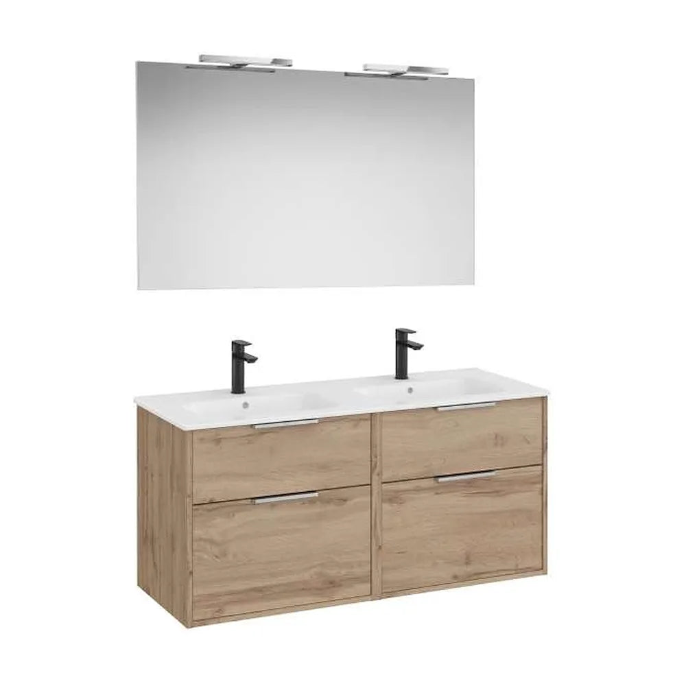 Pack mueble base cuatro cajones lavabo doble porcelana espejo led aplique Starlight Roca - Vista 1