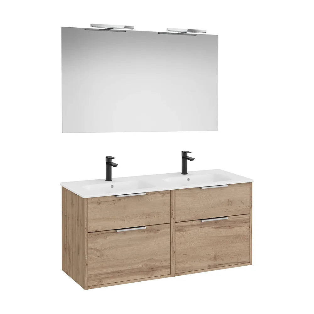 Pack mueble base cuatro cajones lavabo doble porcelana espejo led aplique Starlight Roca - Vista 2