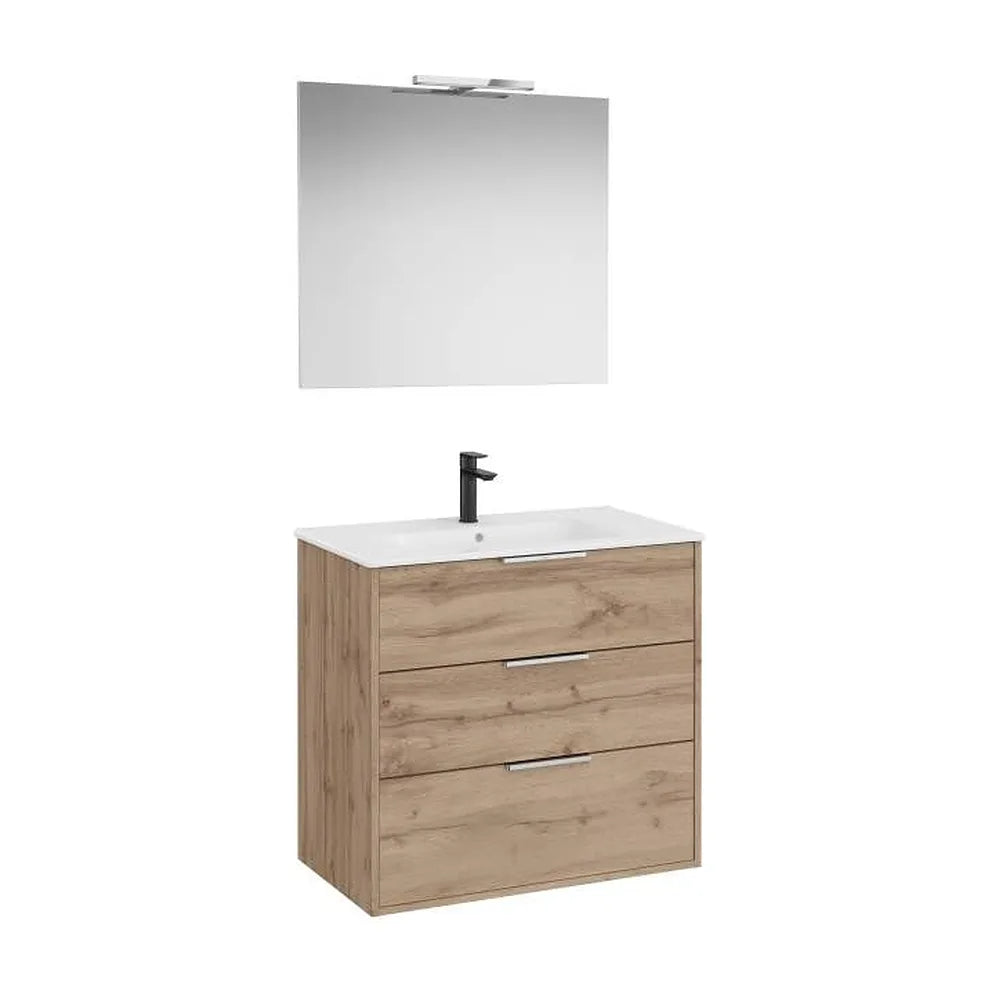 Pack mueble base compacto tres cajones lavabo porcelana espejo aplique led Starlight Roca - Vista 1