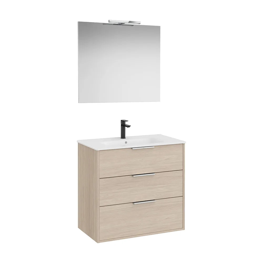 Pack mueble base compacto tres cajones lavabo porcelana espejo aplique led Roca - Vista 2