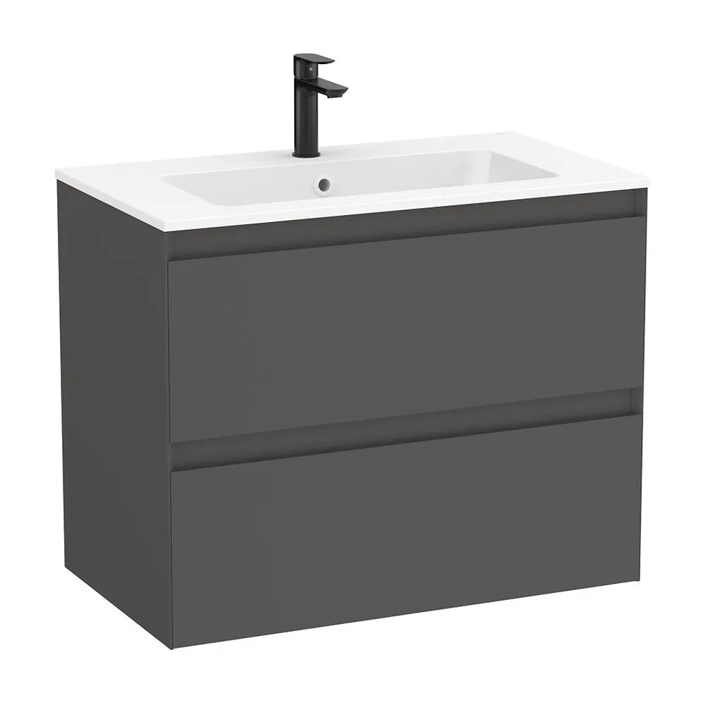 Mueble base suspendido con dos cajones y lavabo de porcelana blanco 81x46x65 cm Roca - Vista 2